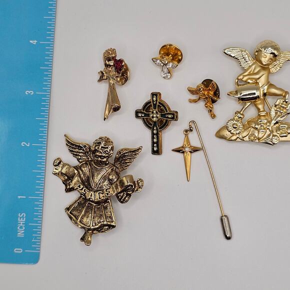 Vintage Brooch Pin Costume Jewelry Bundle Angel Cross Goldtone Faith Religious - Picture 10 of 11